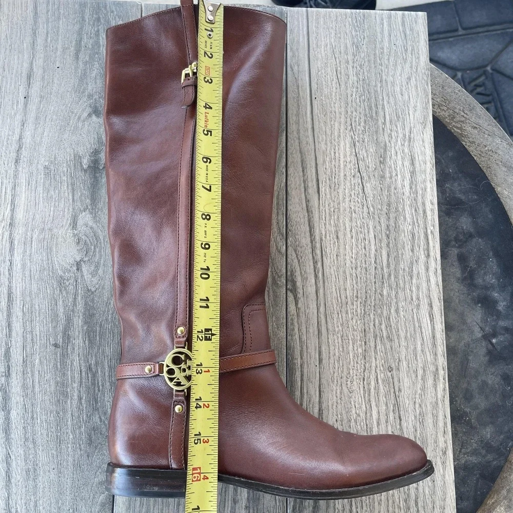 Coach Mulan‎ Tall Riding Boots Women 7B Brown Leather Logo Harness Equestrian